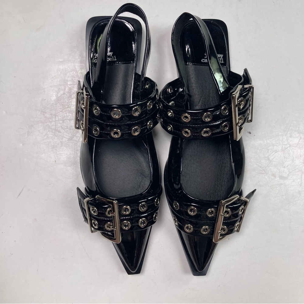 NWOT JEFFREY CAMPBELL Deb Patent Black Studded Pointed Toe Buckle Sandal Flat - Picture 3 of 9